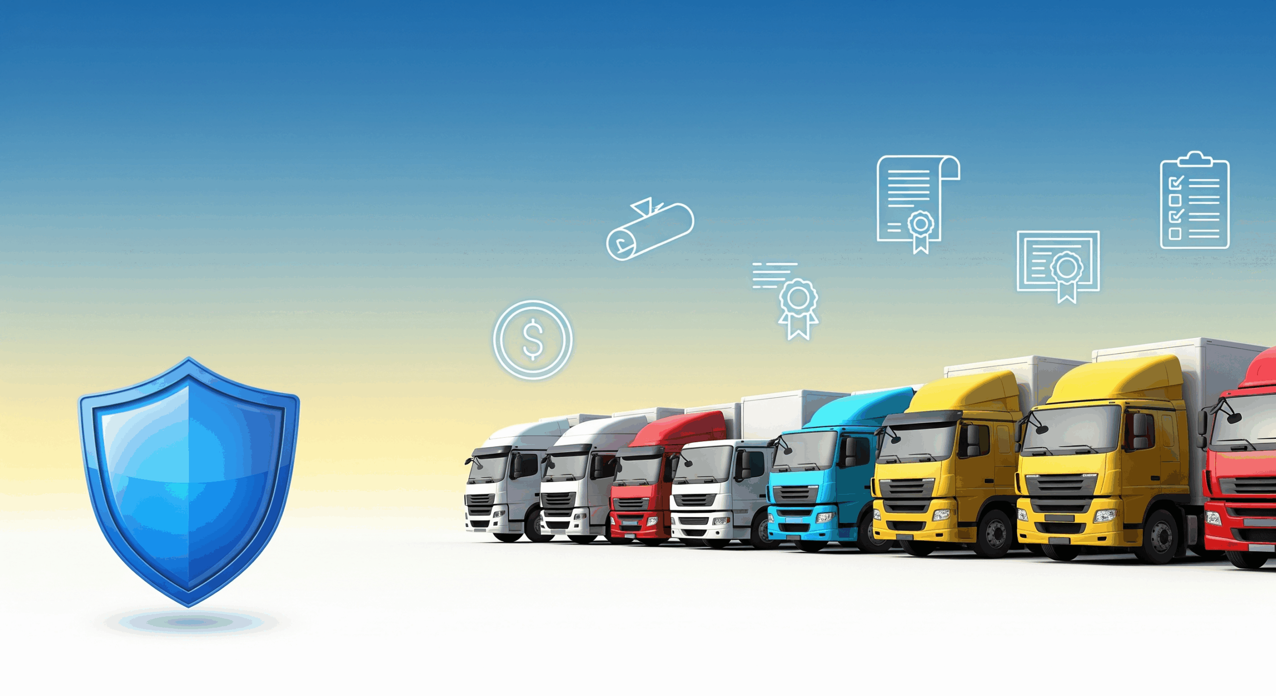 Commercial trucks with a shield icon representing insurance protection