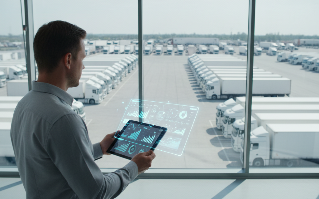 Fleet manager using digital tools to enhance their maintenance strategy with a view of trucks