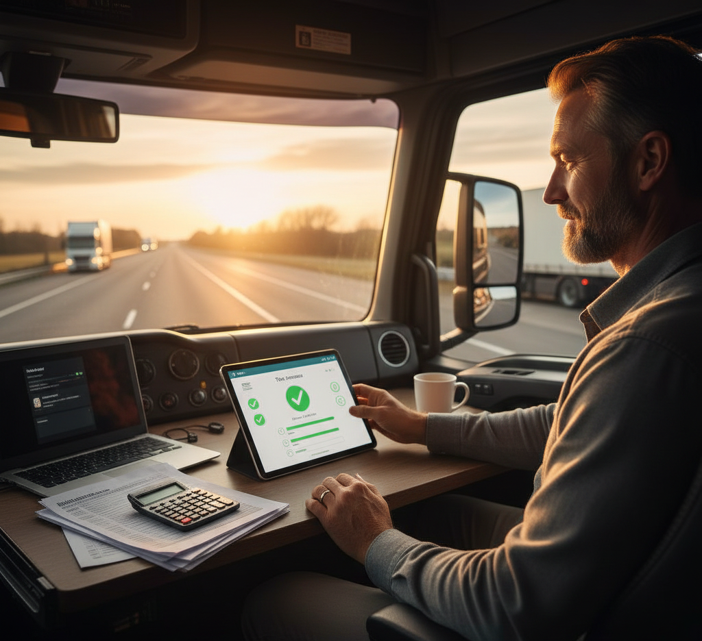 Man managing taxes on a tablet in a mobile office with a laptop and paperwork