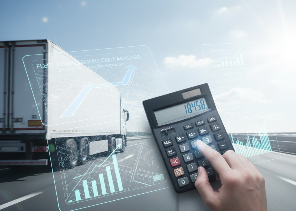 Calculator used for fleet management cost analysis with truck and financial graphs
