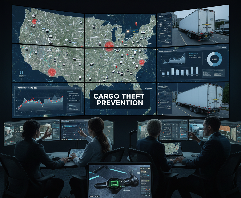 Control room with screens analyzing data on how to prevent cargo theft in the USA