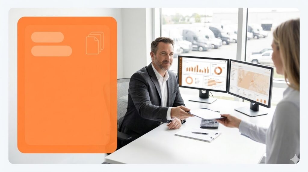 Businessman hands document related to IRS Schedule 1 and Form 2290.