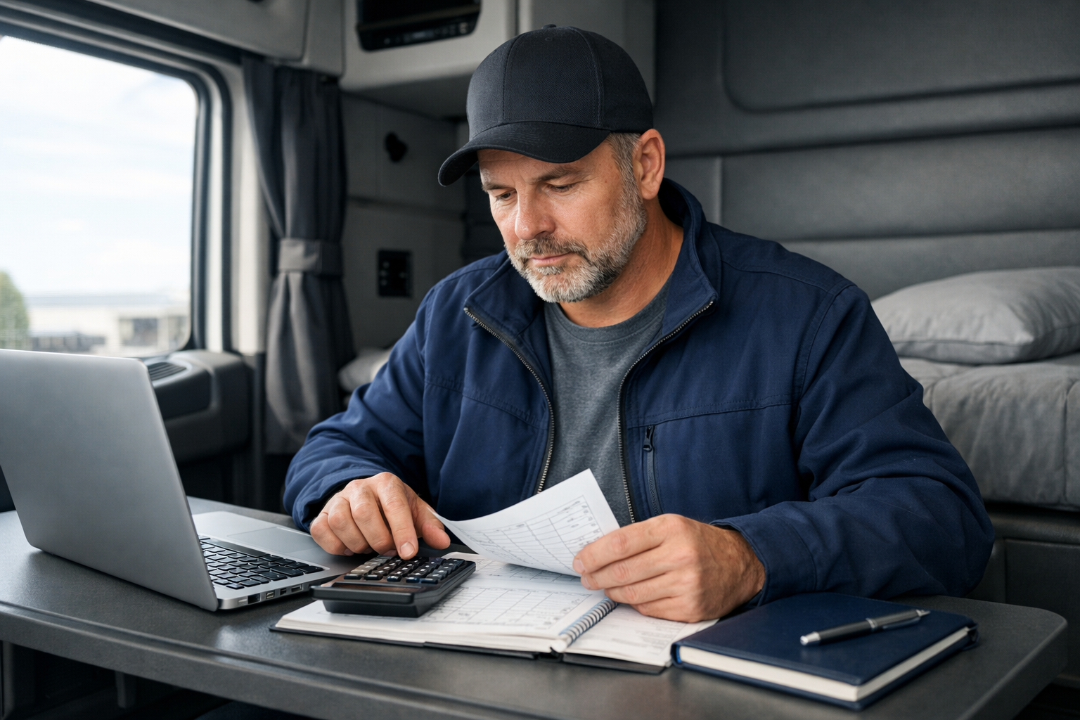 Person using laptop and calculator in truck