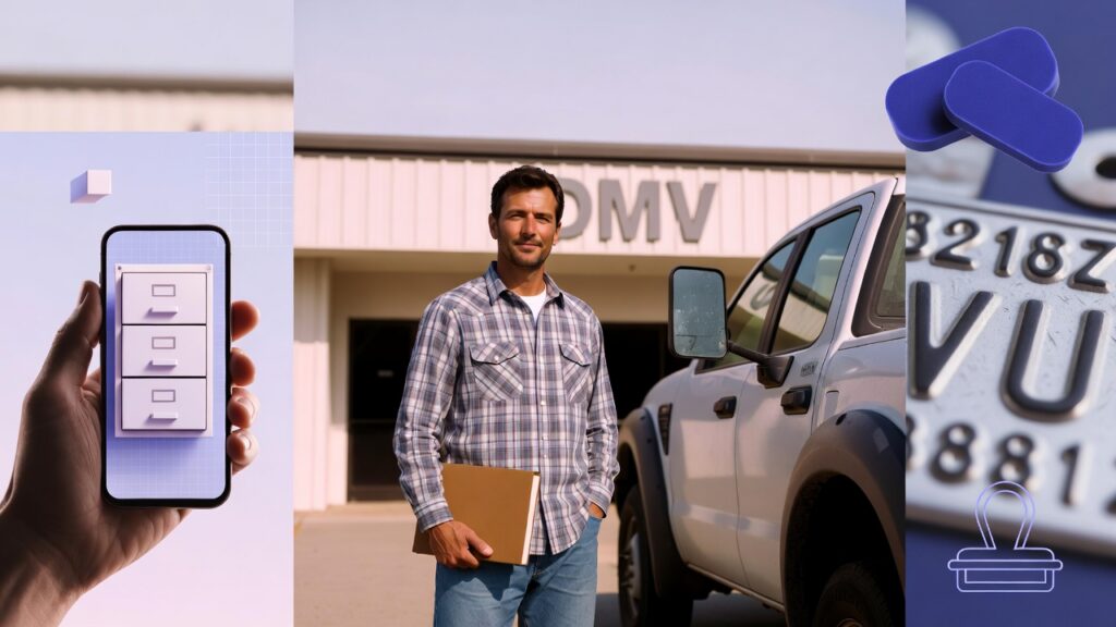 Man at DMV with a mobile app for ExpressTruckTax fleet management