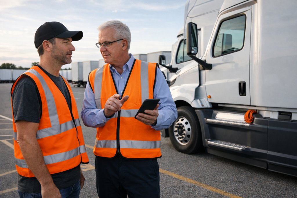Aspiring truck driver getting feedback from instructor