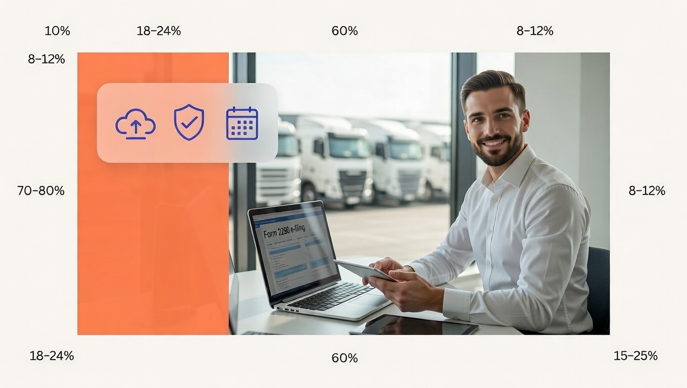 Man reviewing Form 2290 filing online with secure upload and calendar icons.