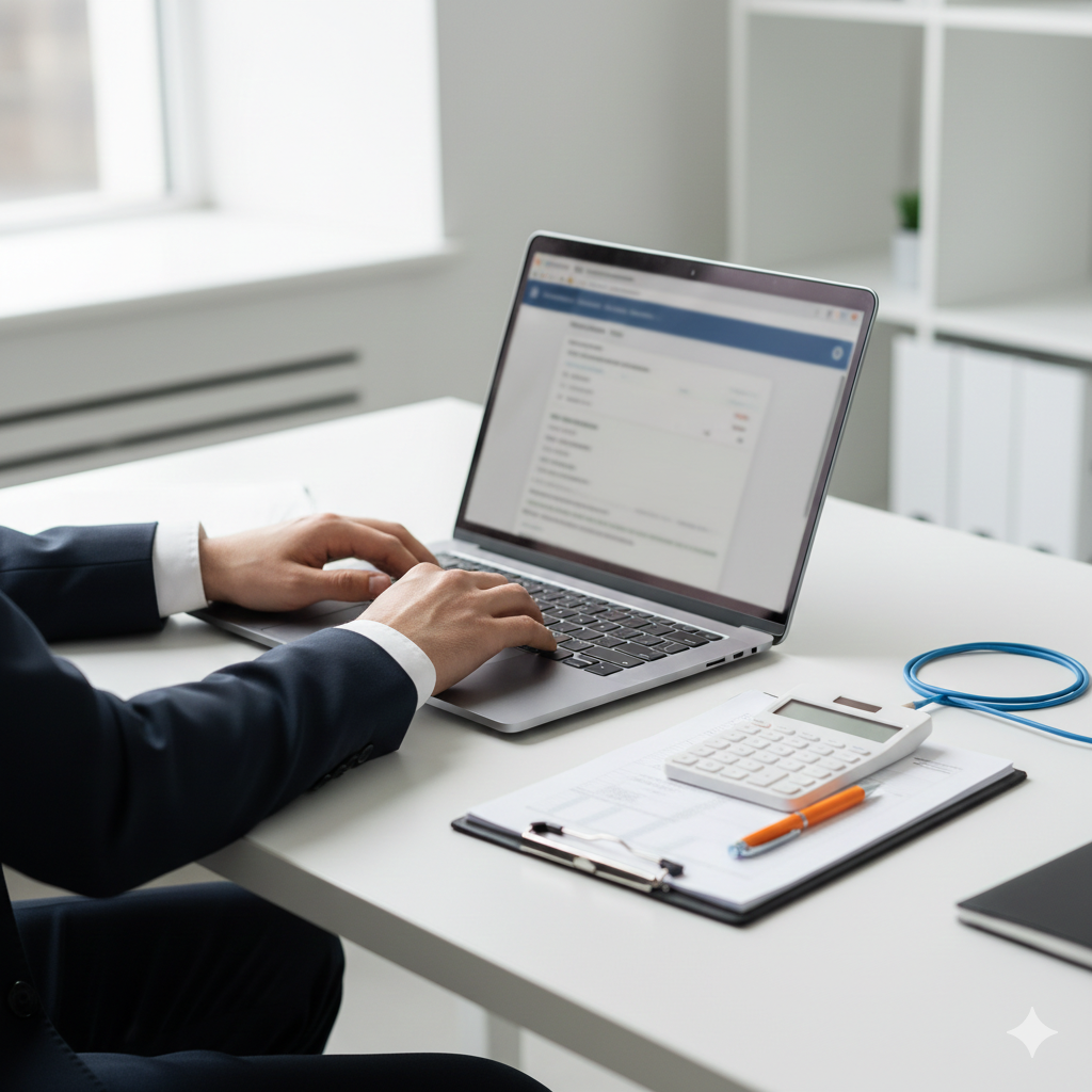 Professional working on HVUT filing deadline on a laptop