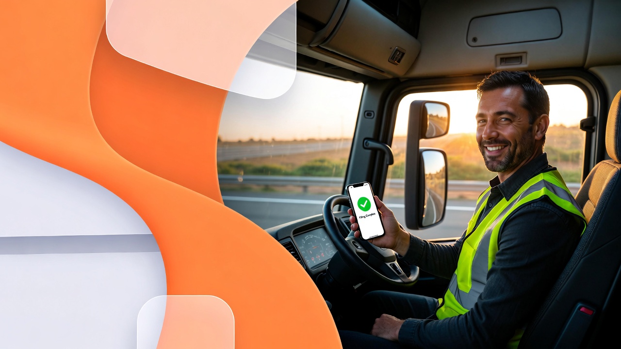 A smiling truck driver in a safety vest sitting in his cab at sunset, holding up a smartphone that reads "Filing Complete" with a green checkmark. A large orange abstract overlay is on the left.
