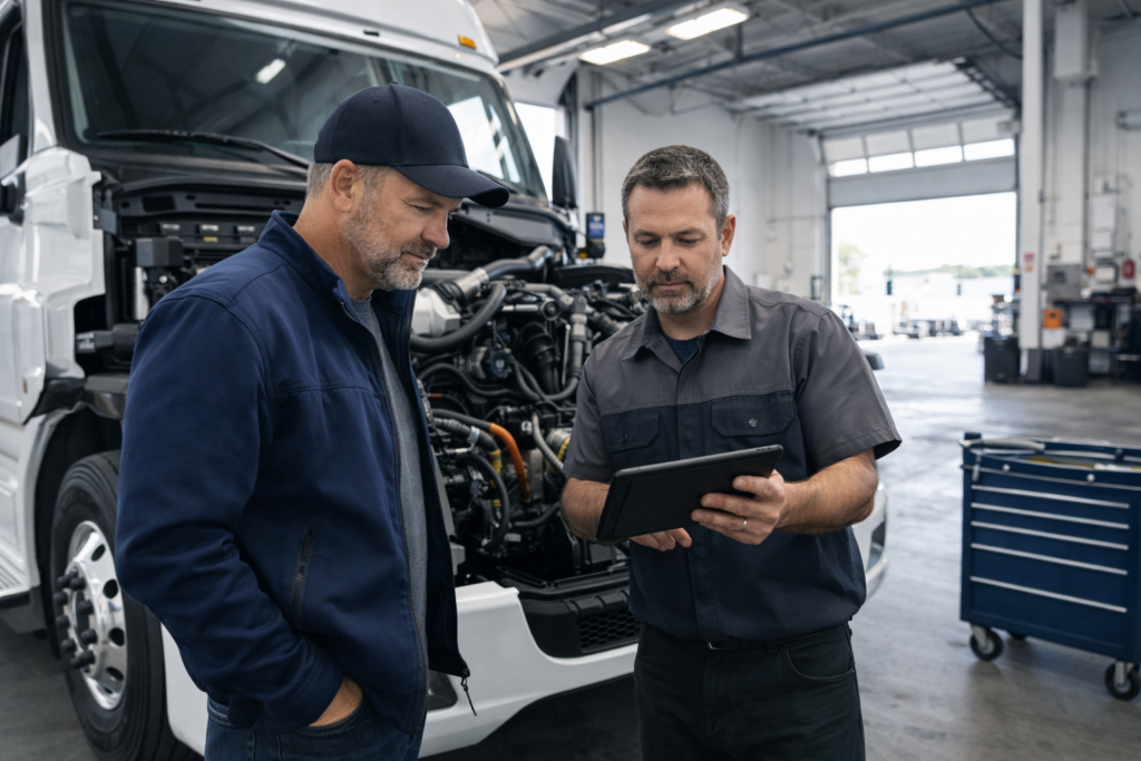Discussion in a truck repair shop