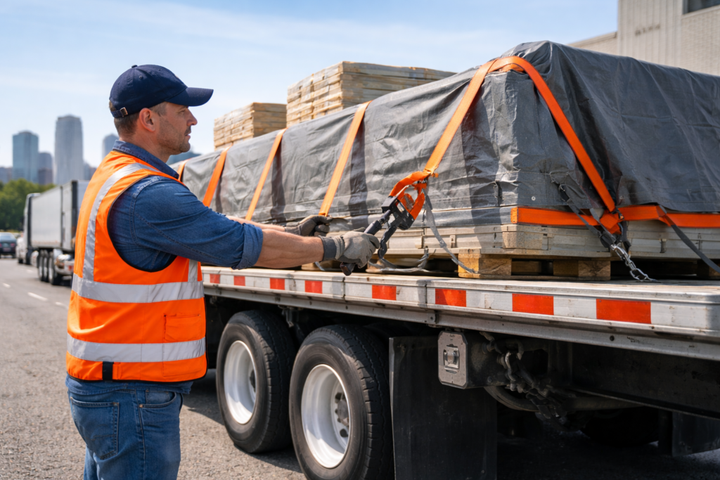 Worker secures cargo on flatbed truck with straps