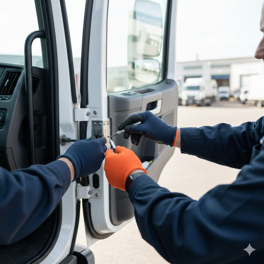 Hands fixing a truck door lock in context of filing form 2290