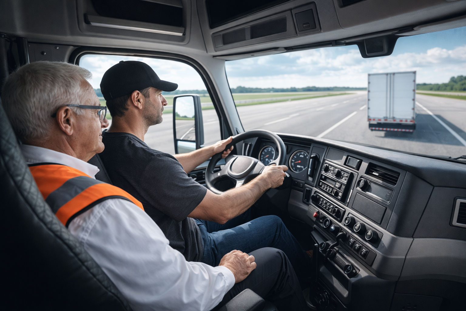 Truck driving instructor with trainee learning how to become a truck driver