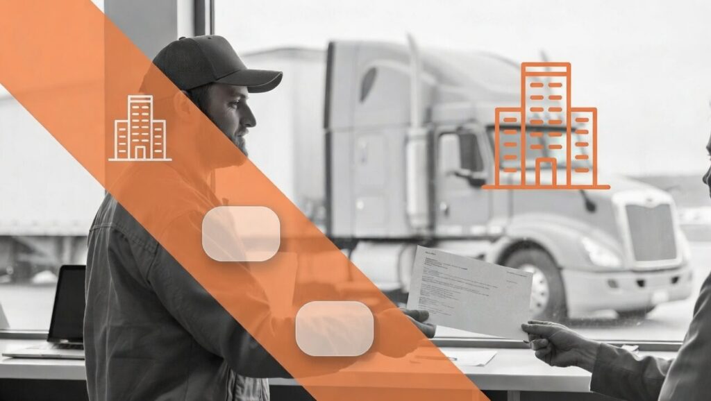 Truck driver submitting paperwork related to Form 2290 and IRS Schedule 1.