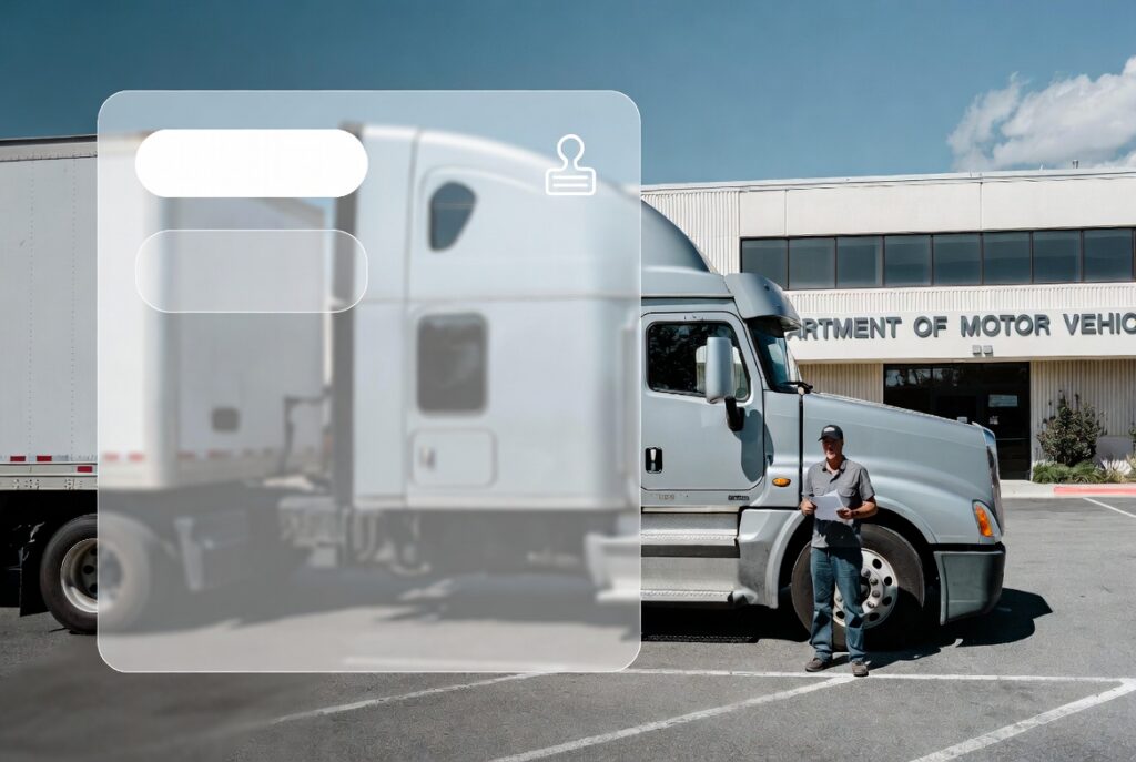 Truck driver outside DMV with semi truck after filing Form 2290 and receiving IRS stamped Schedule 1﻿