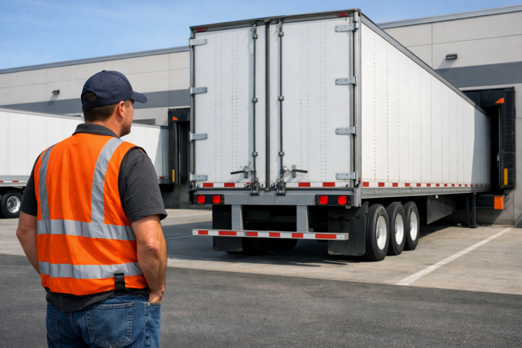 Man in safety vest watches truck reverse to loading dock