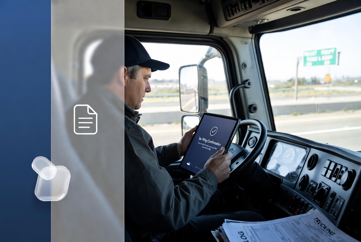 Truck driver checking IRS Form 2290 HVUT filing and Schedule 1 status on a tablet inside a semi truck﻿