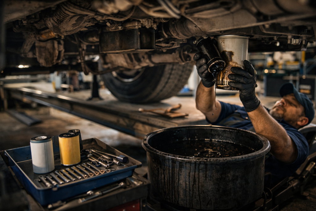 Semi truck brake system inspection with drum brakes and air lines