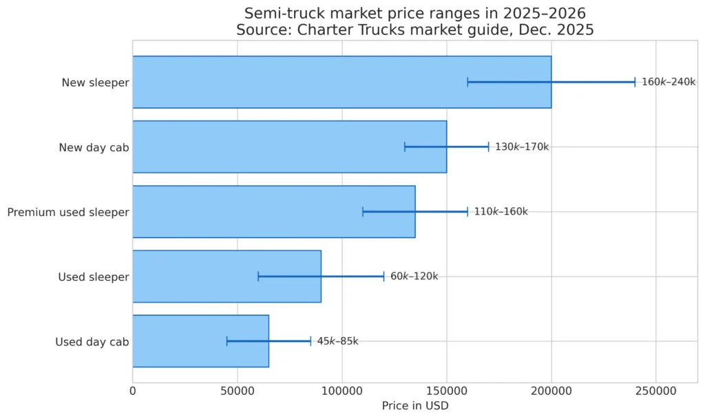 Semi-truck market price ranges in 2025-2026