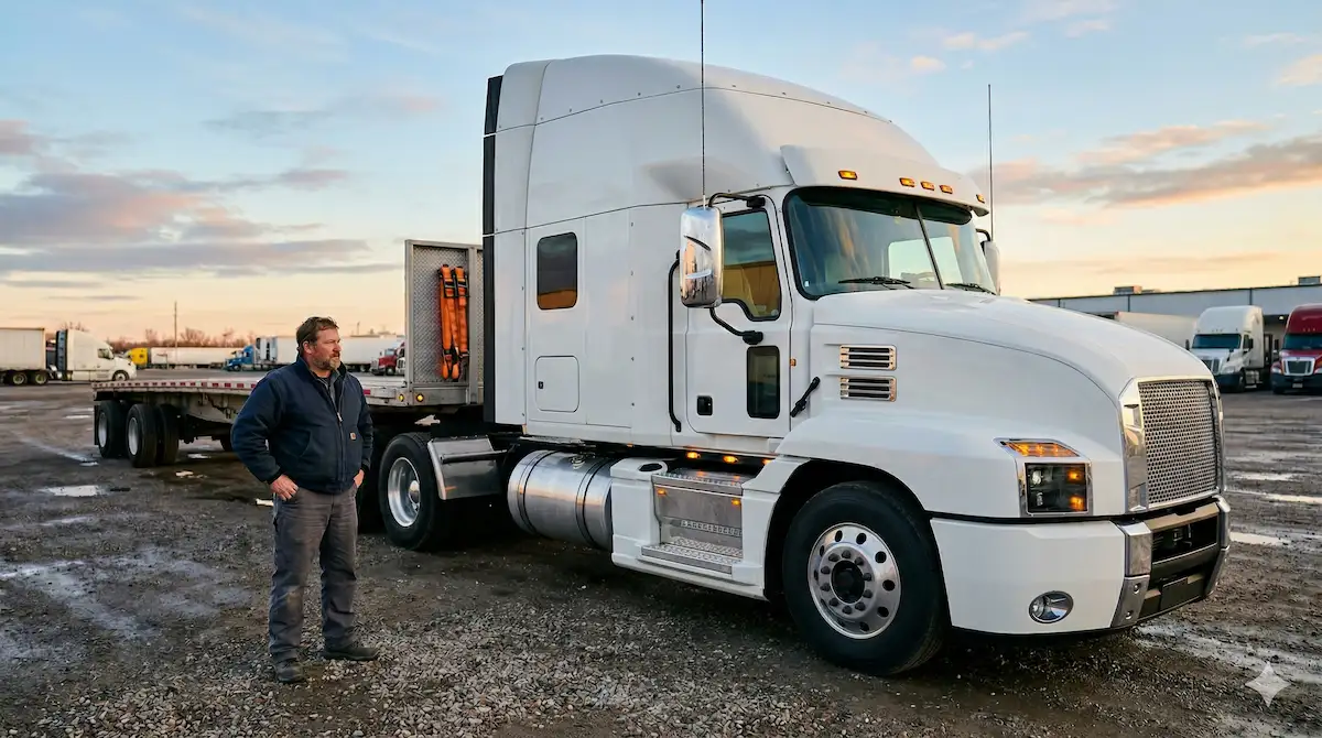 Man standing next to a white semi truck, evaluating purchase options