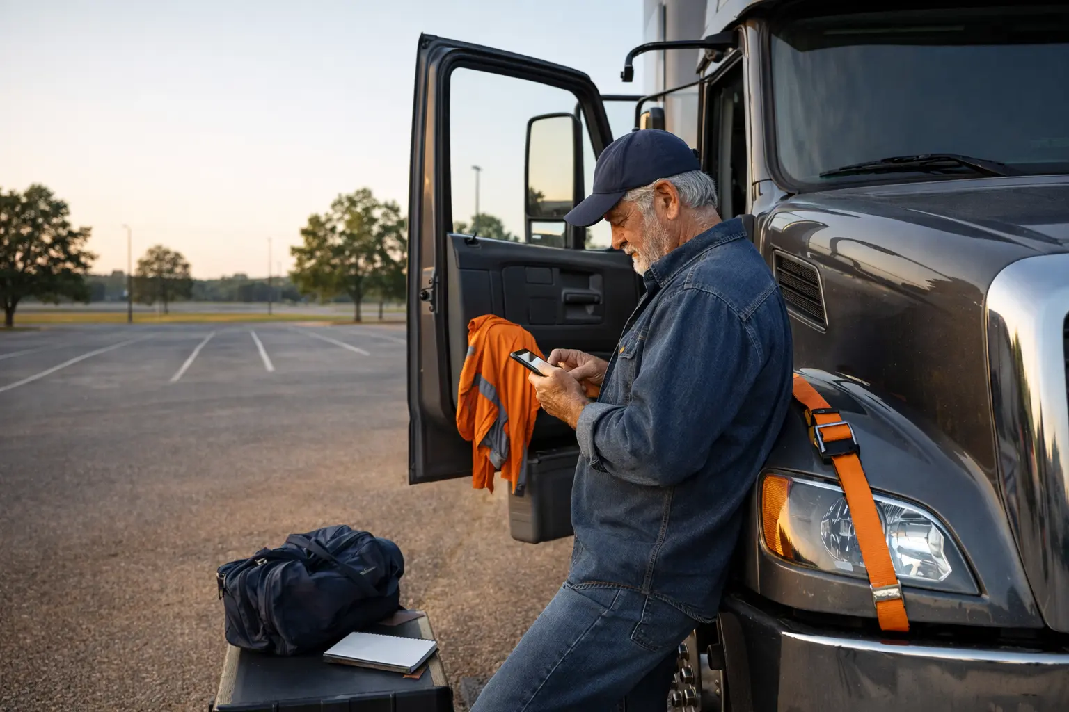 Truck driver checking information on smartphone in parking lot