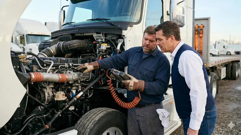 Two men inspecting a semi truck engine