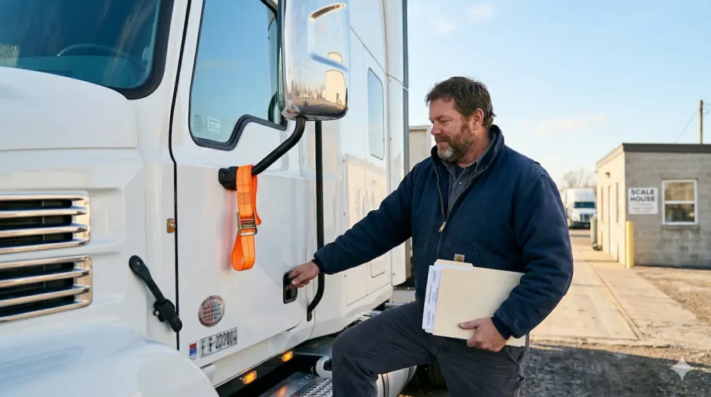 Man preparing to enter a semi truck with paperwork