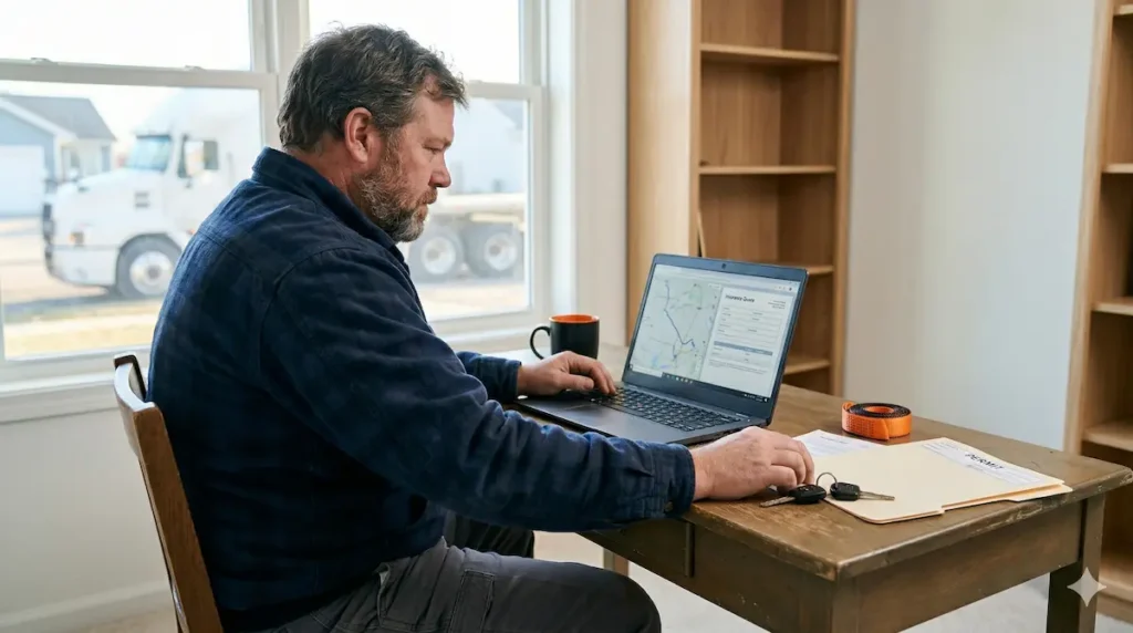 Man using a laptop to research buying a commercial truck