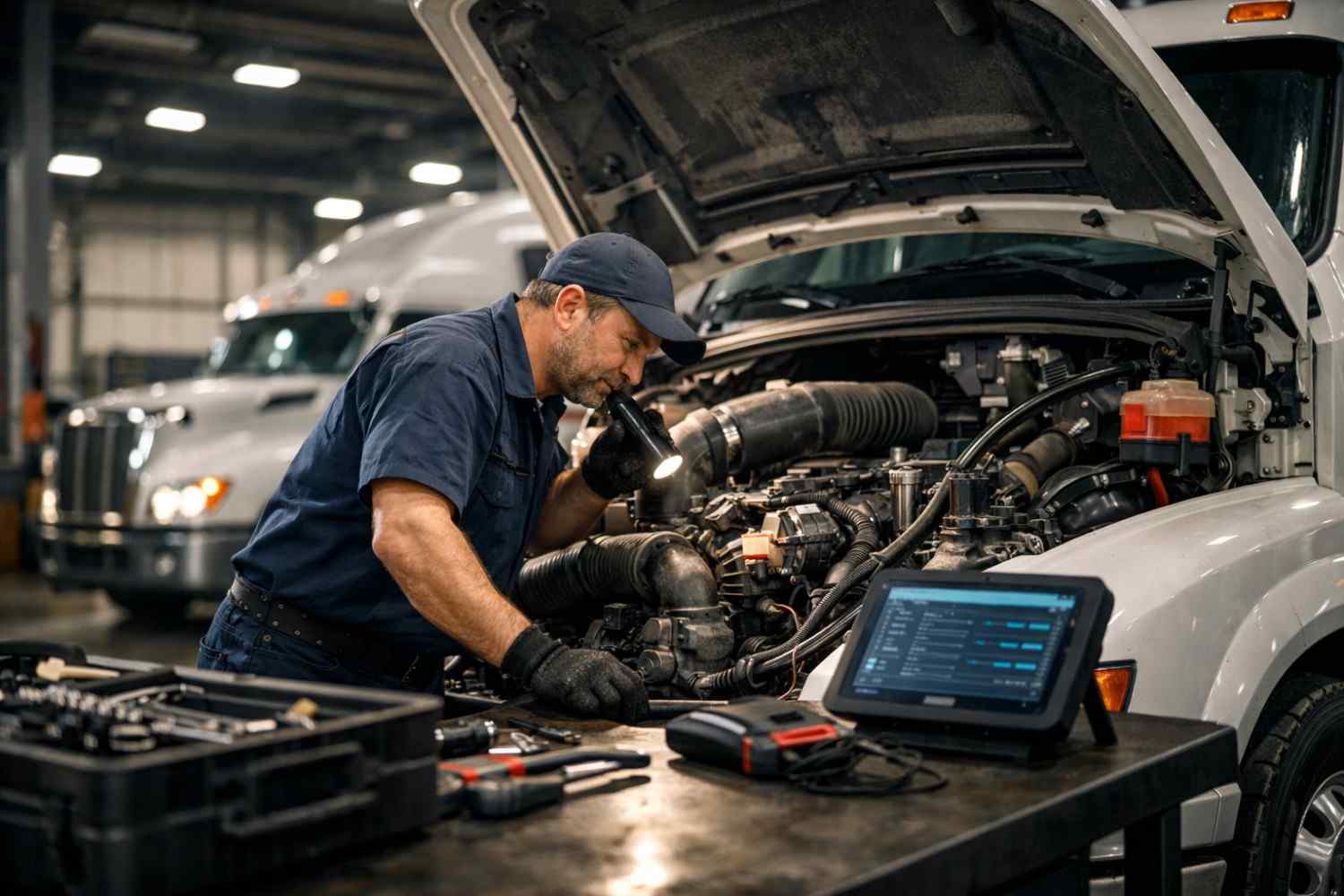 Semi truck tire wear patterns and suspension alignment inspection