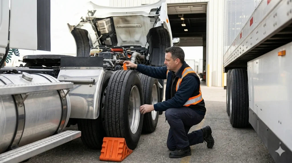 Truck driver inspecting tire maintenance for safety