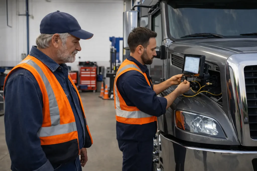 Truck driver and technician analyzing truck diagnostics
