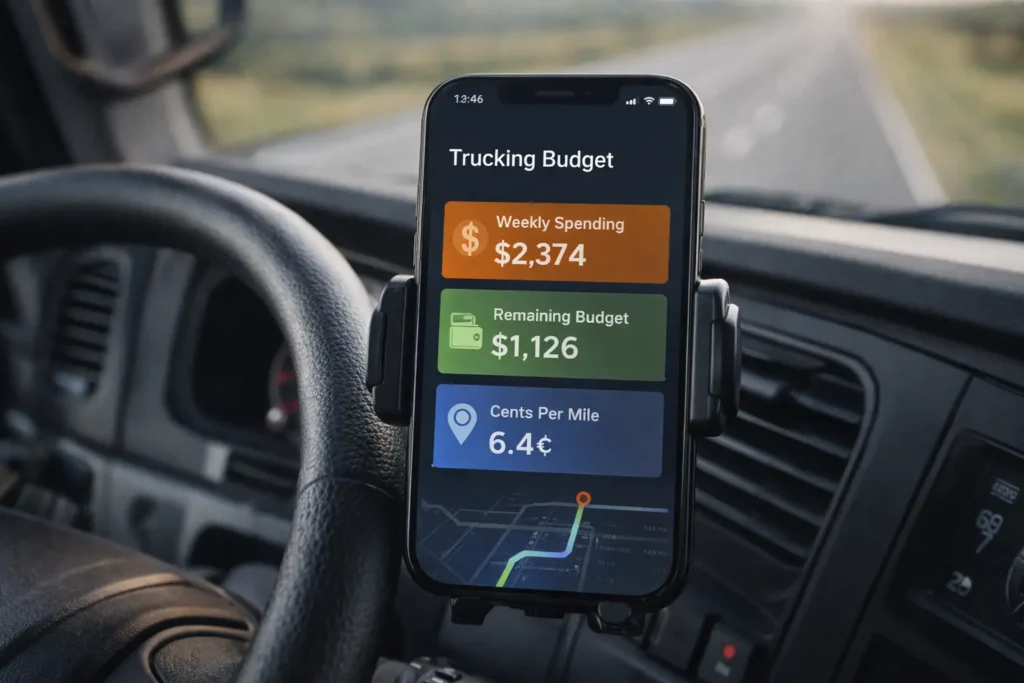 Semi truck driving with cost per mile overlay representing truck driver budget tips for profitability
