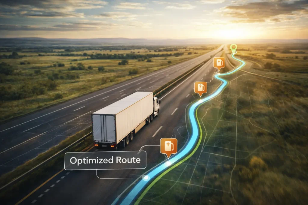 Semi truck with optimized route display illustrating truck driver budget tips for saving fuel costs
