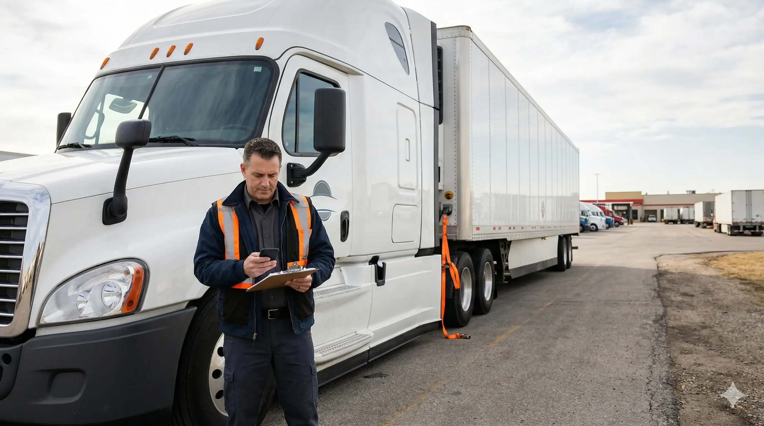Truck driver managing budget with phone and clipboard beside freight truck