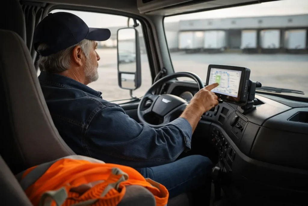 Truck driver operating GPS navigation inside the vehicle