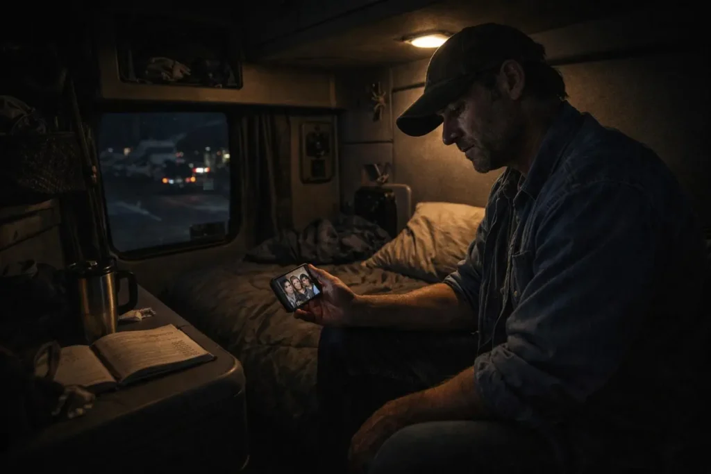 Truck driver resting in cabin at night looking at phone inside truck sleeper