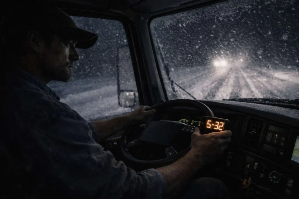 Truck driver driving in rain early morning checking dashboard clock inside cabin
