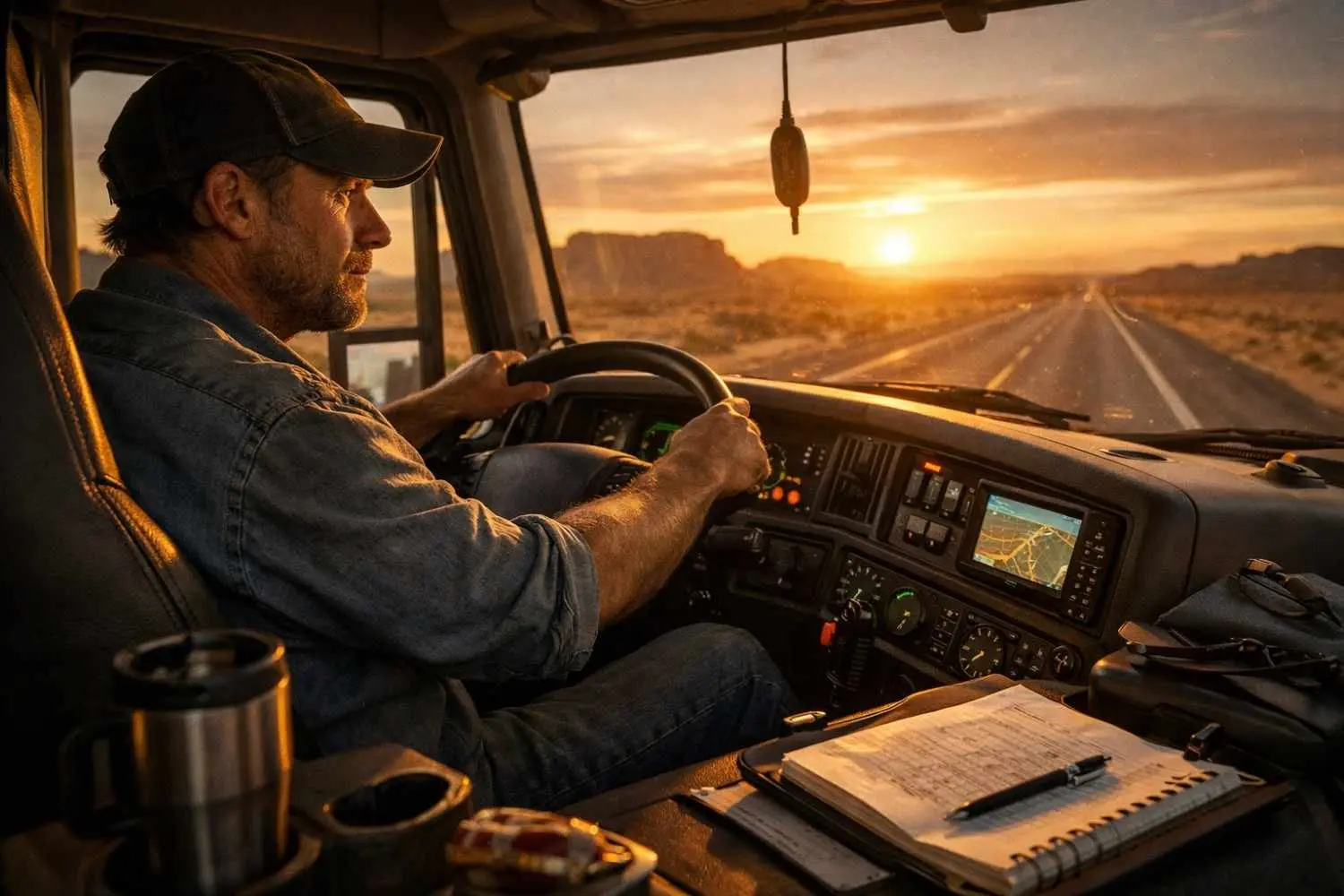 Truck driver driving on open highway during sunset with dashboard view