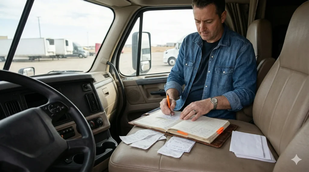 Truck driver updating logs and managing receipts