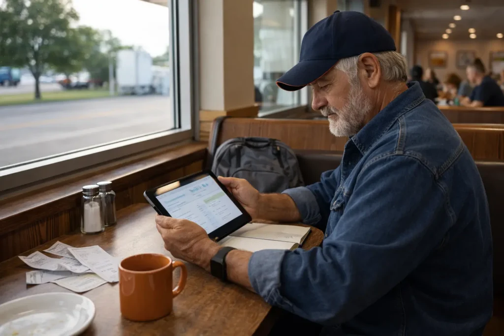 Truck driver reviewing logistics on a tablet at café