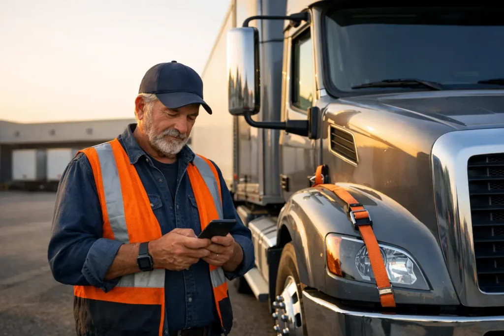 Veteran truck driver using mobile device next to his truck