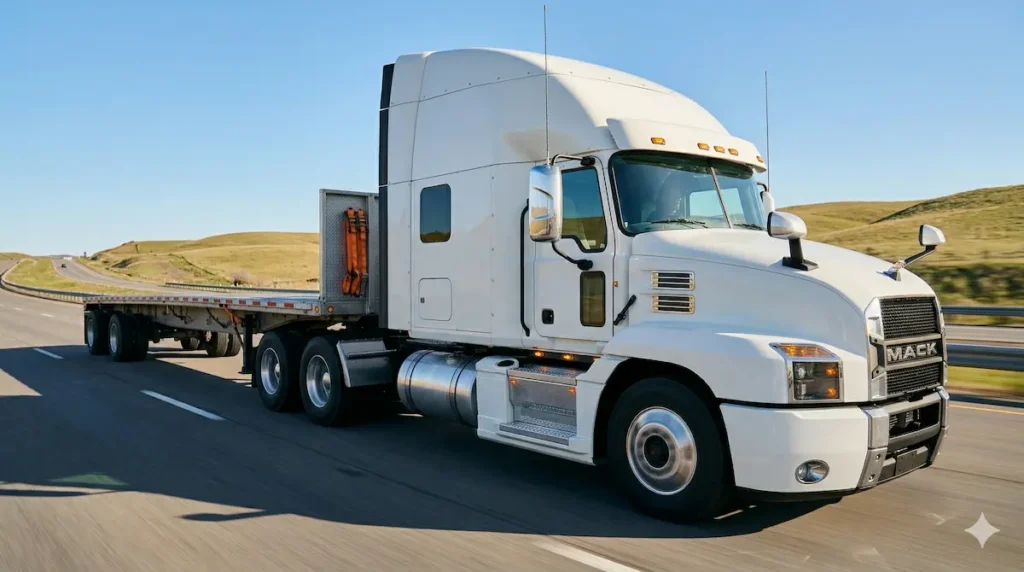 White semi truck driving on highway