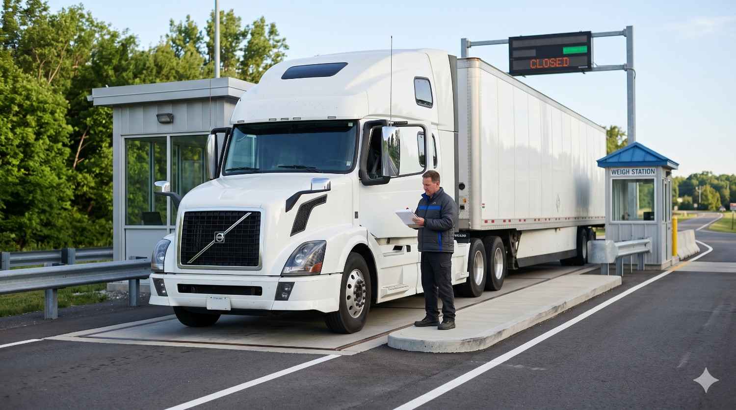 Commercial truck at weigh station for hvut tax form processing