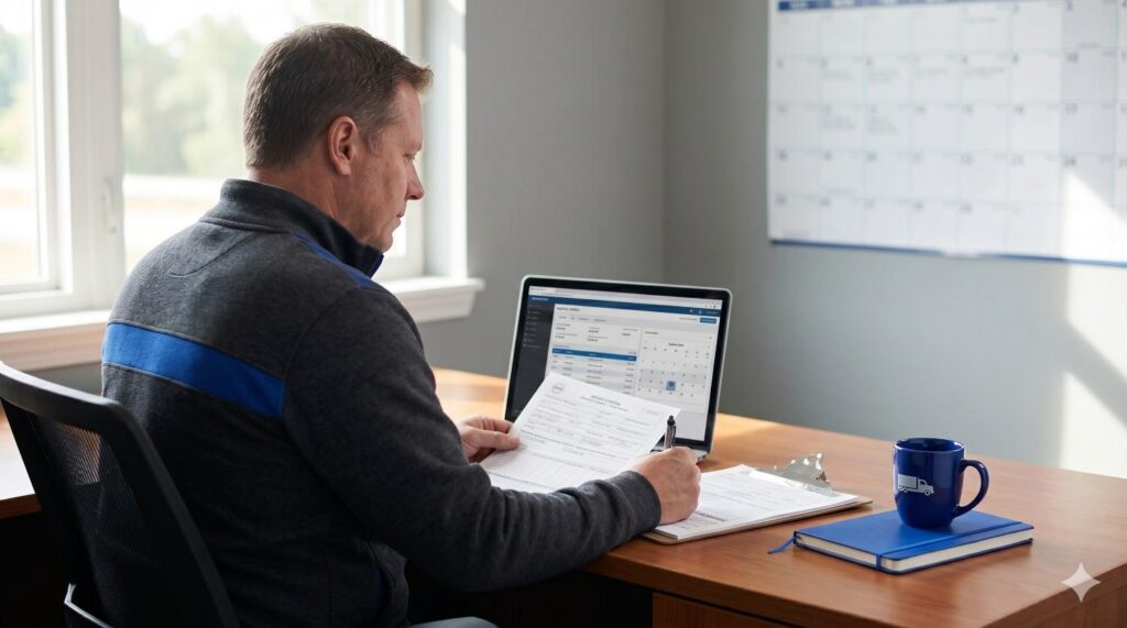 Man filling out hvut tax form 2290 on laptop