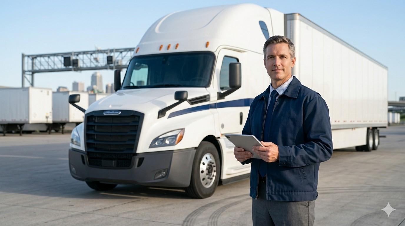 Professional standing by a truck with a tablet, planning a trucking business
