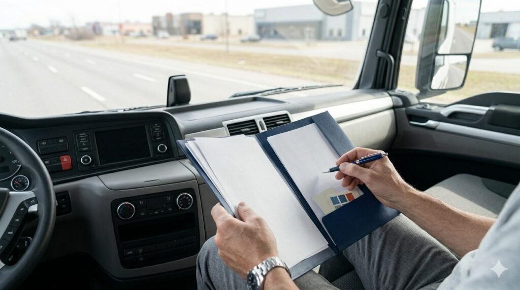 Inside view of truck cab with person reviewing business documents