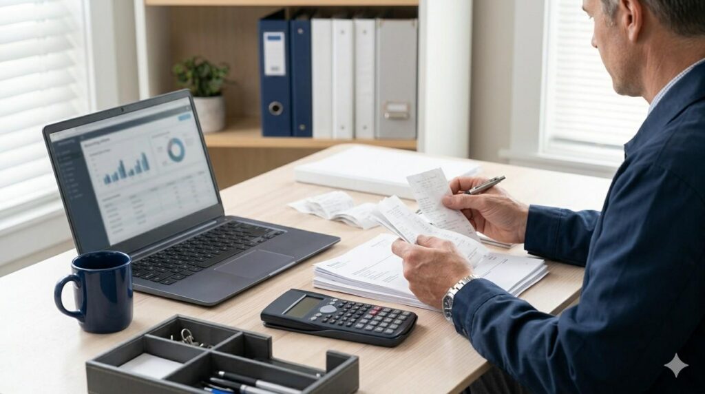 Person at desk reviewing documents for trucking business financial planning