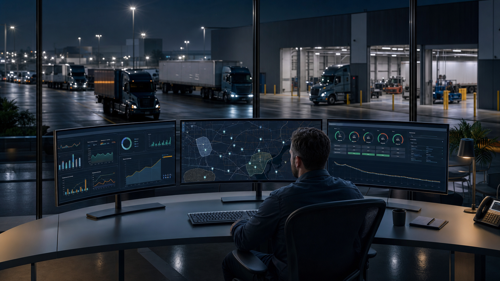 Fleet asset management dashboard displaying real-time truck tracking, fleet analytics, performance metrics, and operational data across multiple commercial vehicles.